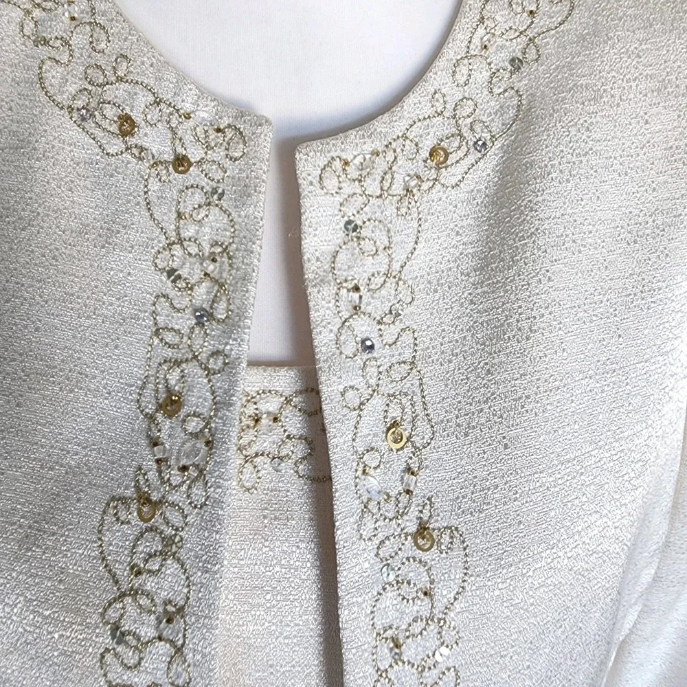 Vintage Kasper 3pc Skirt Suit Womens 10 Cream Jacket Shell Skirt Beading Wedding